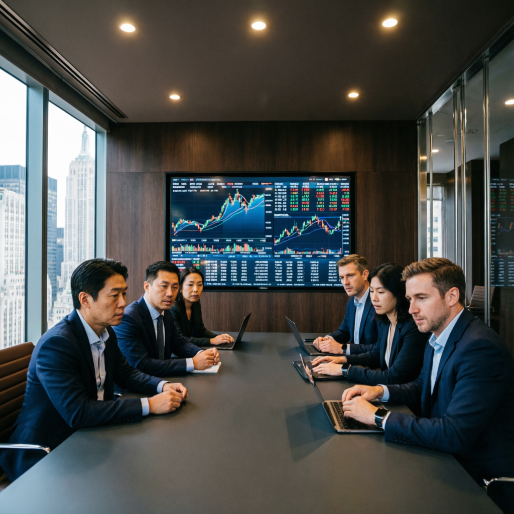 Professional trading team meeting in corporate boardroom analyzing market data and strategies