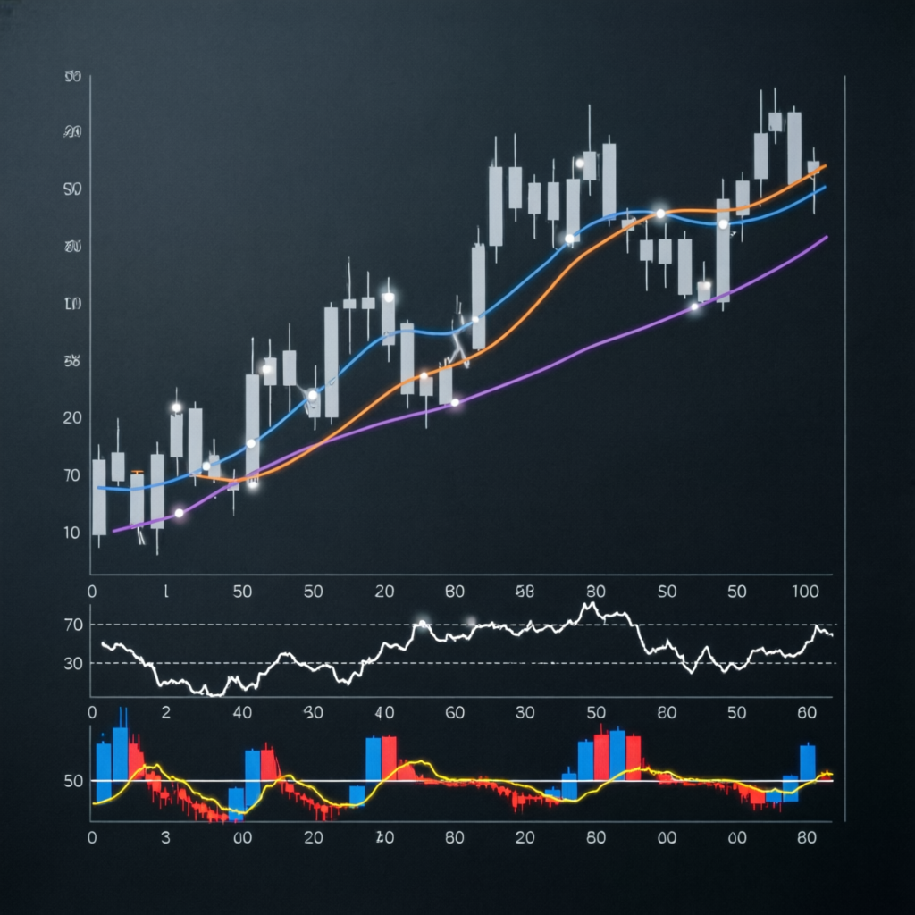 Advanced trading strategy chart with technical indicators including RSI, MACD, and moving averages