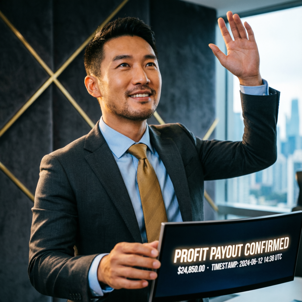 Professional trader celebrating profit payout confirmation on laptop screen