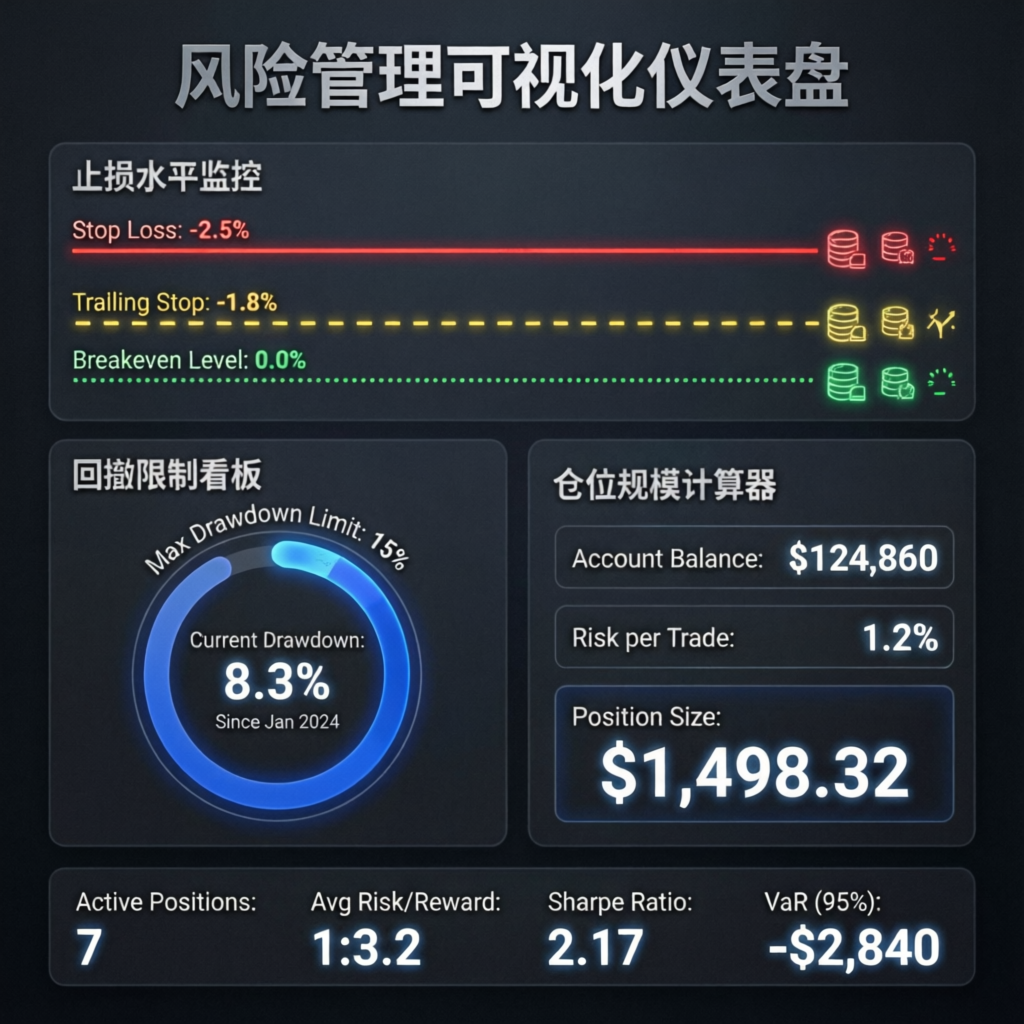 Risk management dashboard showing stop loss levels, trailing drawdown, and position sizing calculator