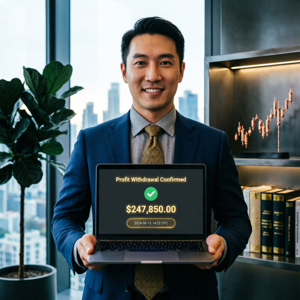 Professional trader holding laptop showing profit withdrawal confirmed for $247,850