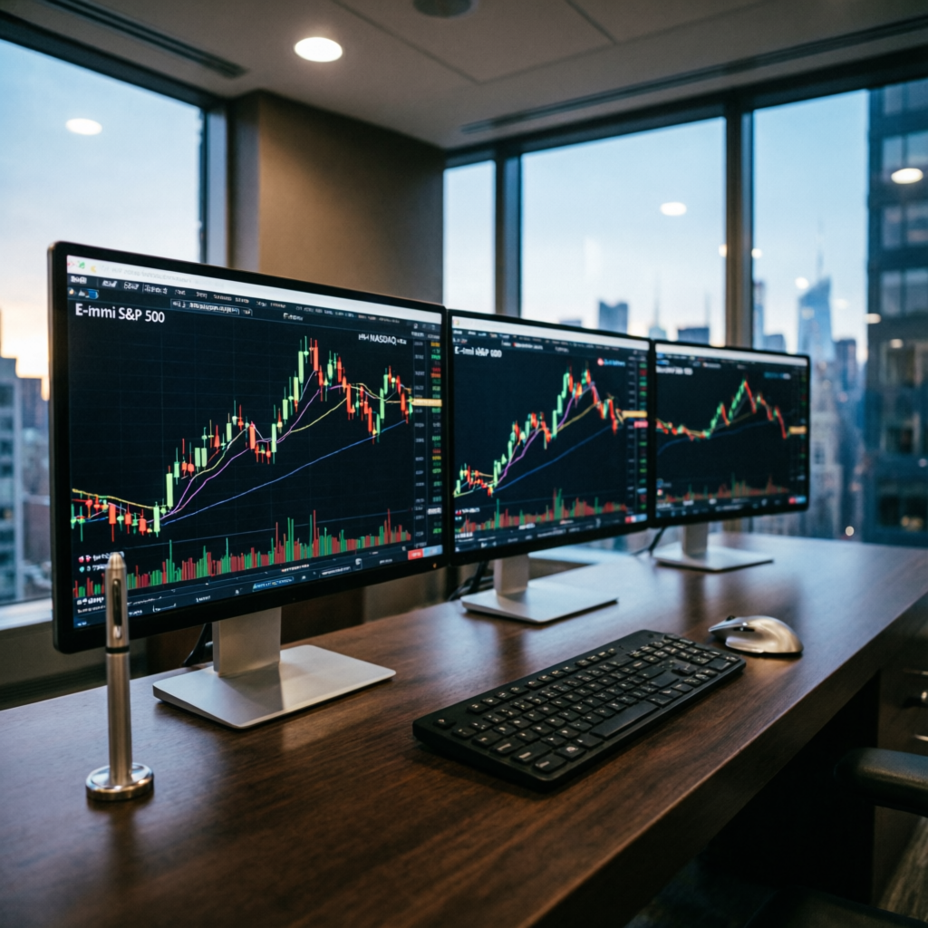 Professional futures trading desk with multiple monitors showing E-mini S&P 500 and NASDAQ charts