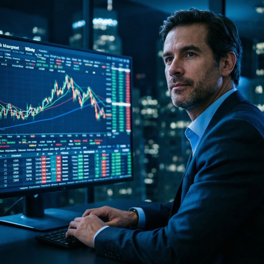 Professional trader analyzing market data on large screens in Wall Street corporate office