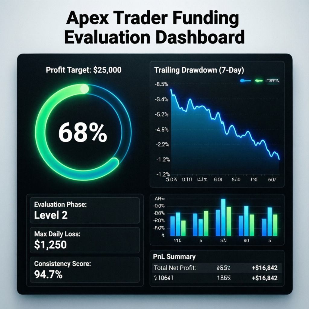 Apex Trader Funding evaluation dashboard showing profit targets, trailing drawdown, and consistency score