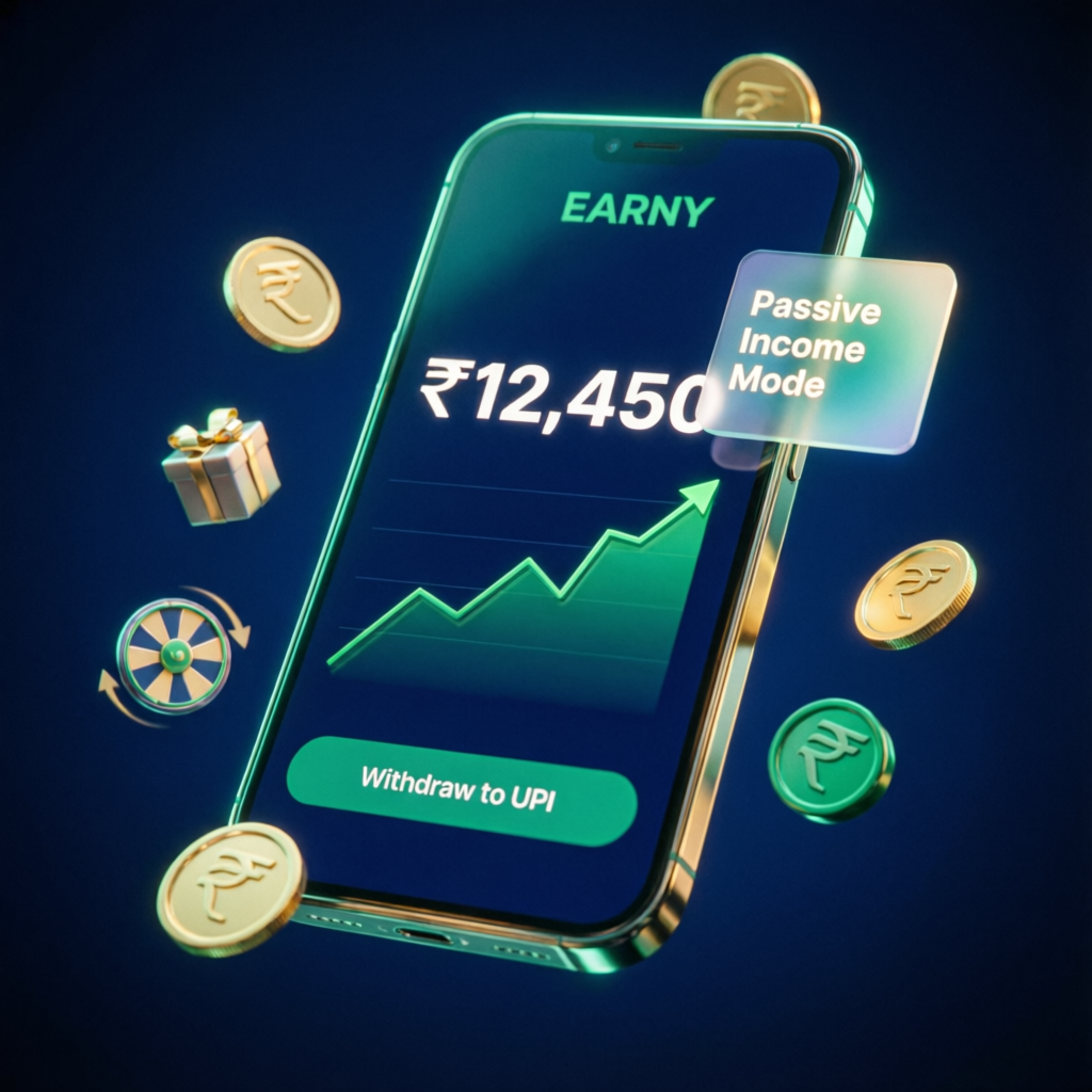 EARNY app dashboard preview showing wallet balance and passive income mode