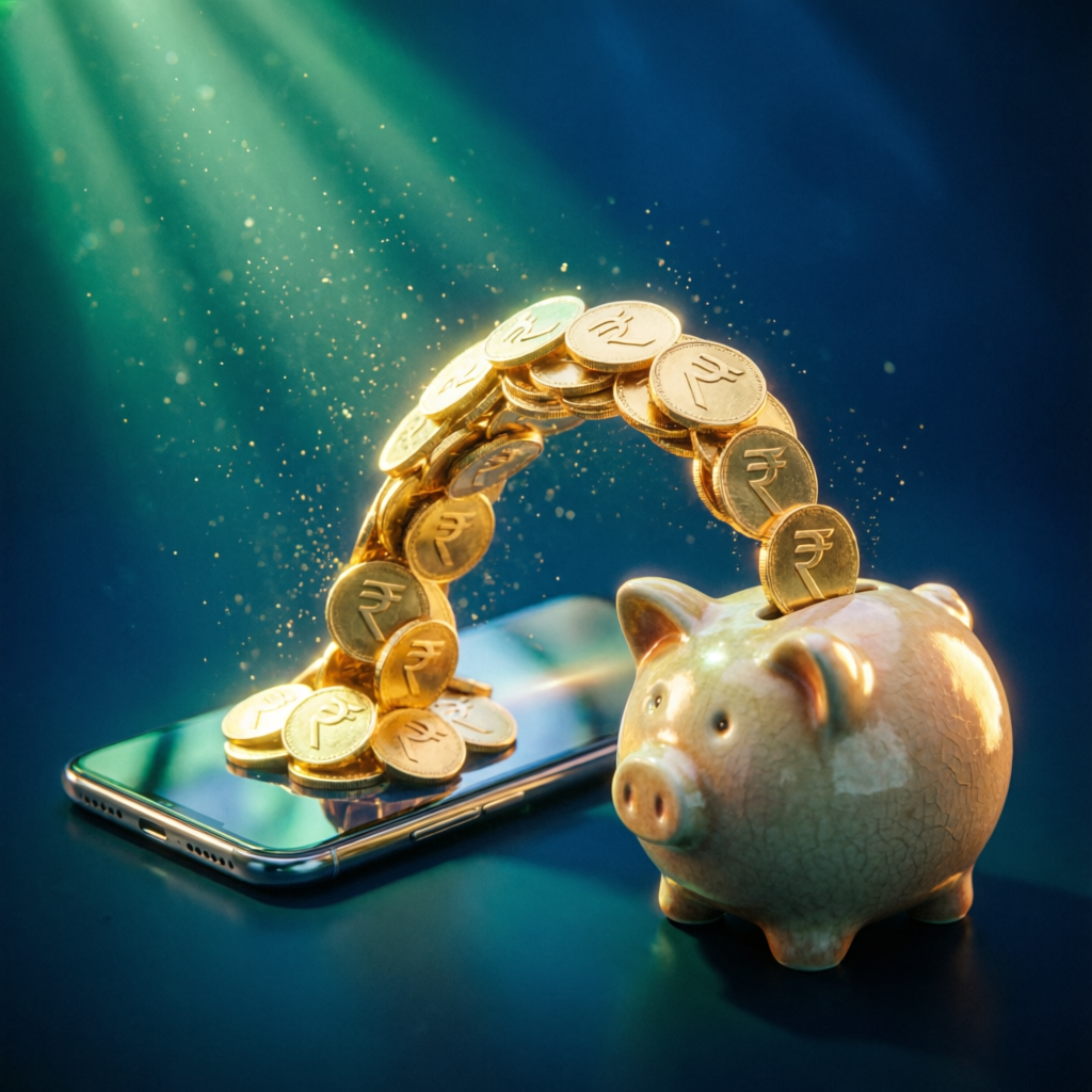 Golden rupee coins flowing from a smartphone into a piggy bank