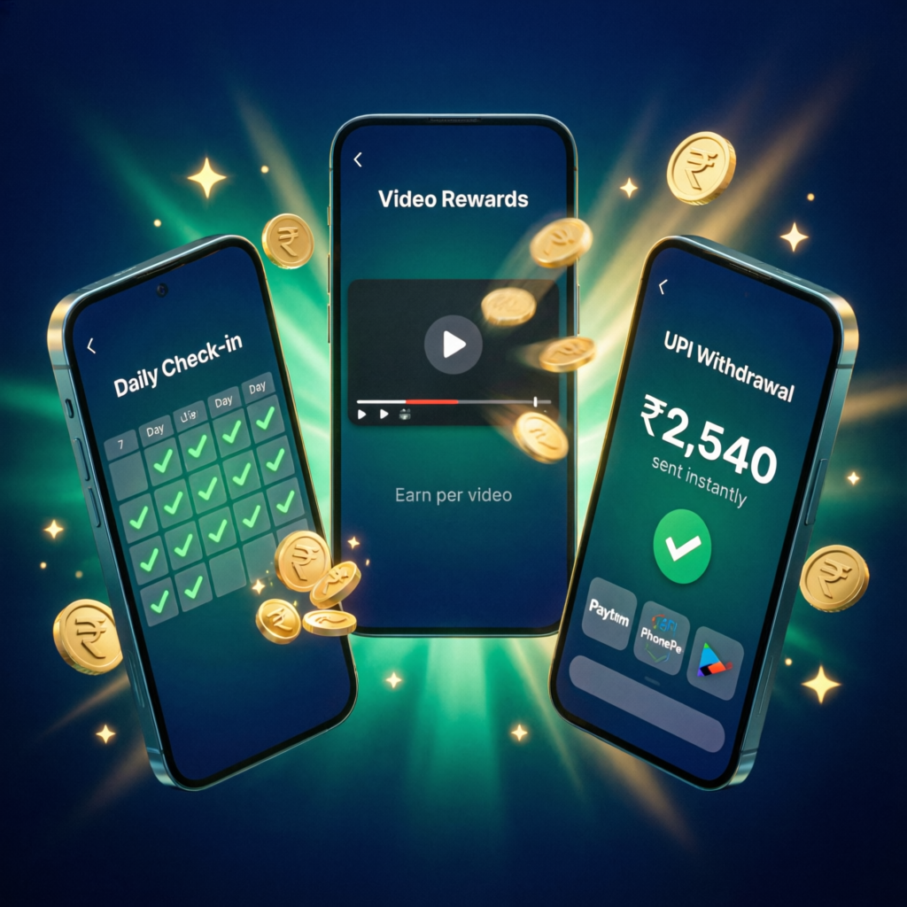 EARNY app screens: daily check-in, video rewards and instant UPI withdrawal
