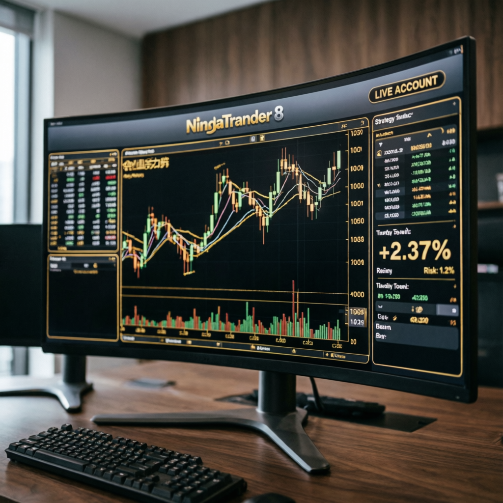 NinjaTrader 8 trading platform showing live futures account with +2.37% profit