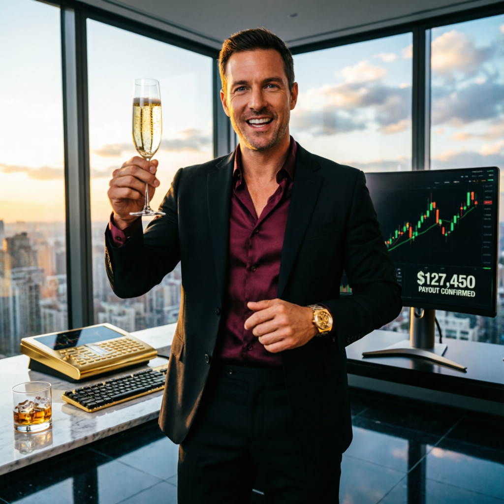 Successful trader celebrating $127,450 payout confirmation from Apex Trader Funding