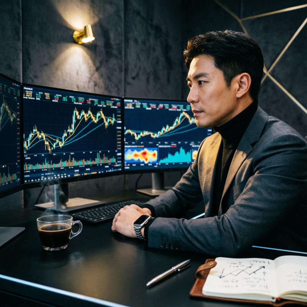 Professional forex trader analyzing Apex Trader Funding evaluation charts on multi-monitor setup