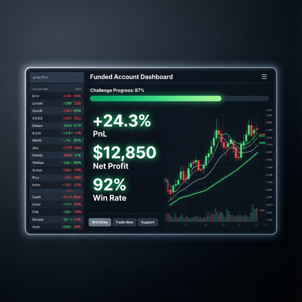 Funded Account Dashboard showing profit metrics and challenge progress