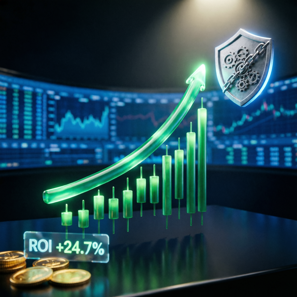 Financial success visualization showing upward trending profit graph and risk management