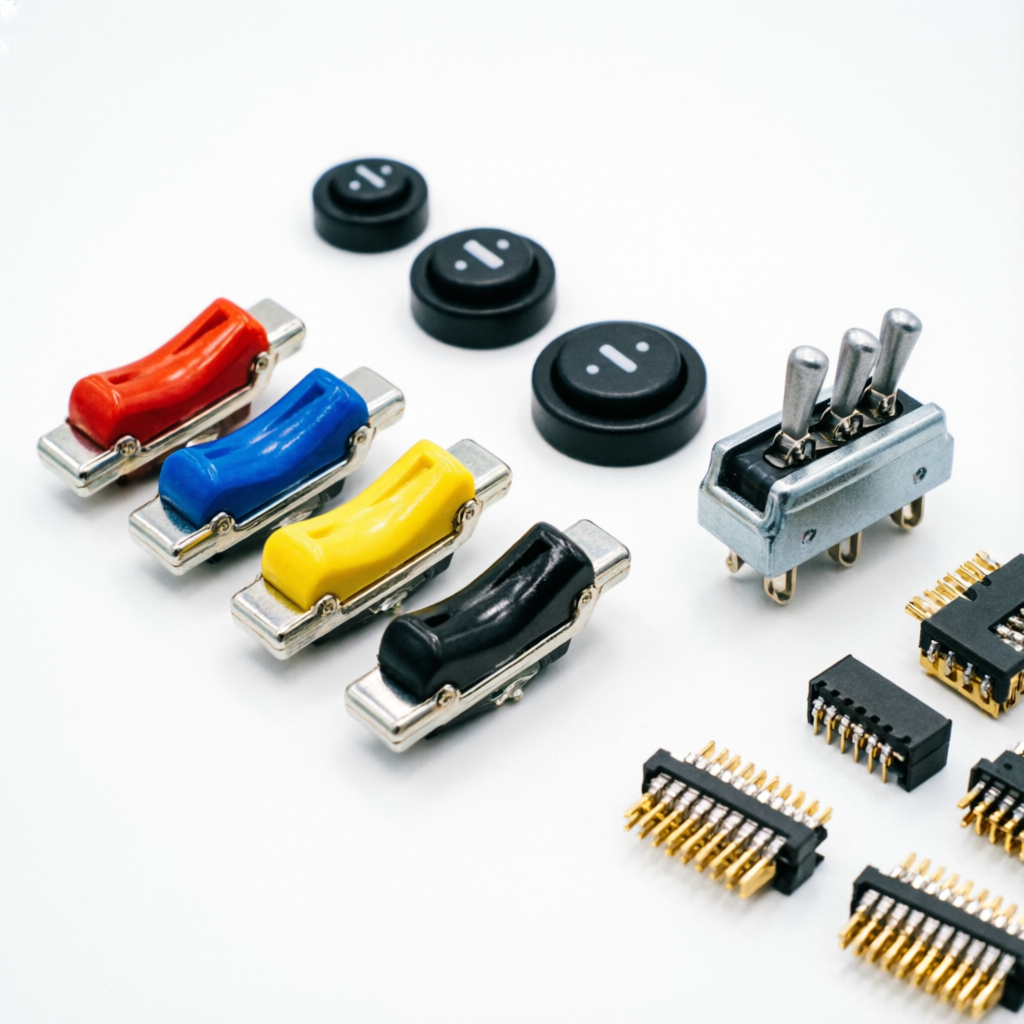 Assorted electronic switches and connectors - rocker switches, push buttons and PCB connectors on a workbench at Switch Mart India Delhi