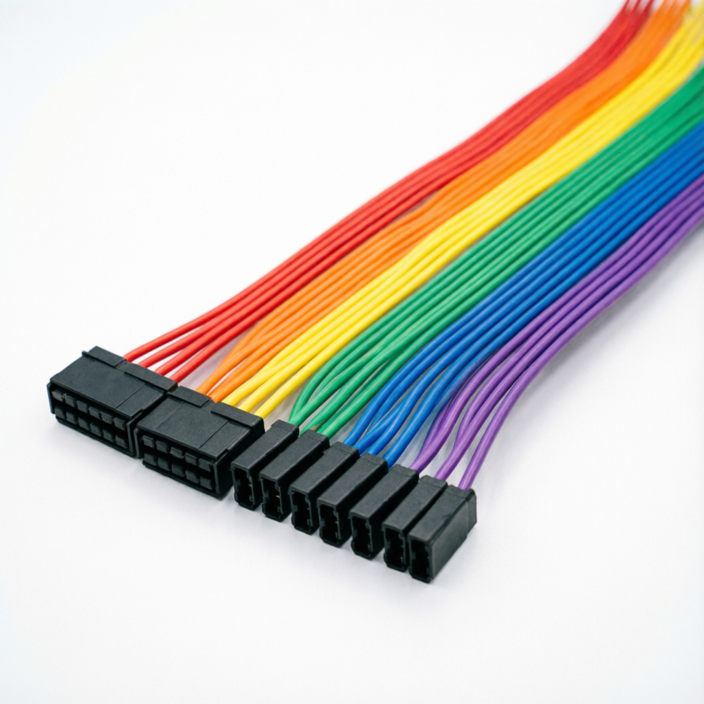 Rainbow colored relimate jumper wires with black connector housings