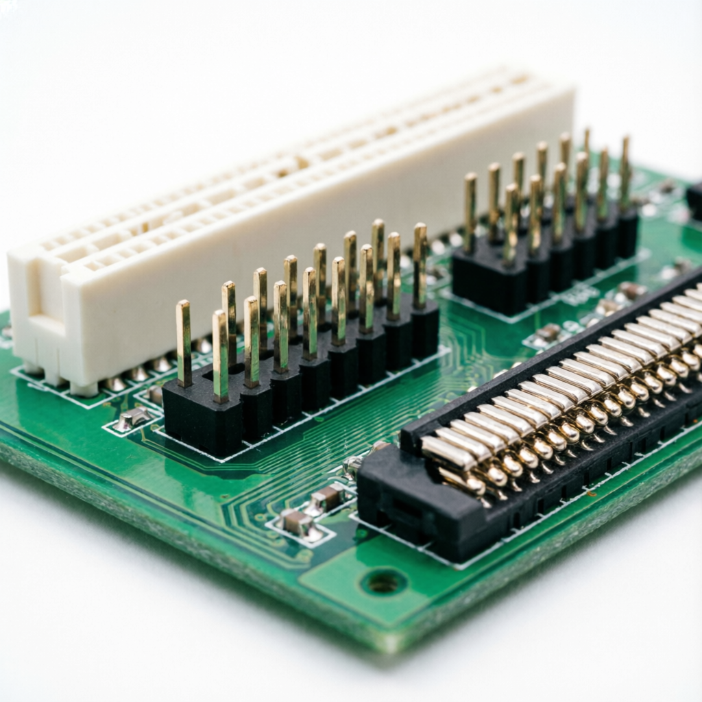 Close-up of a printed circuit board with mounted PCB connectors and terminal blocks