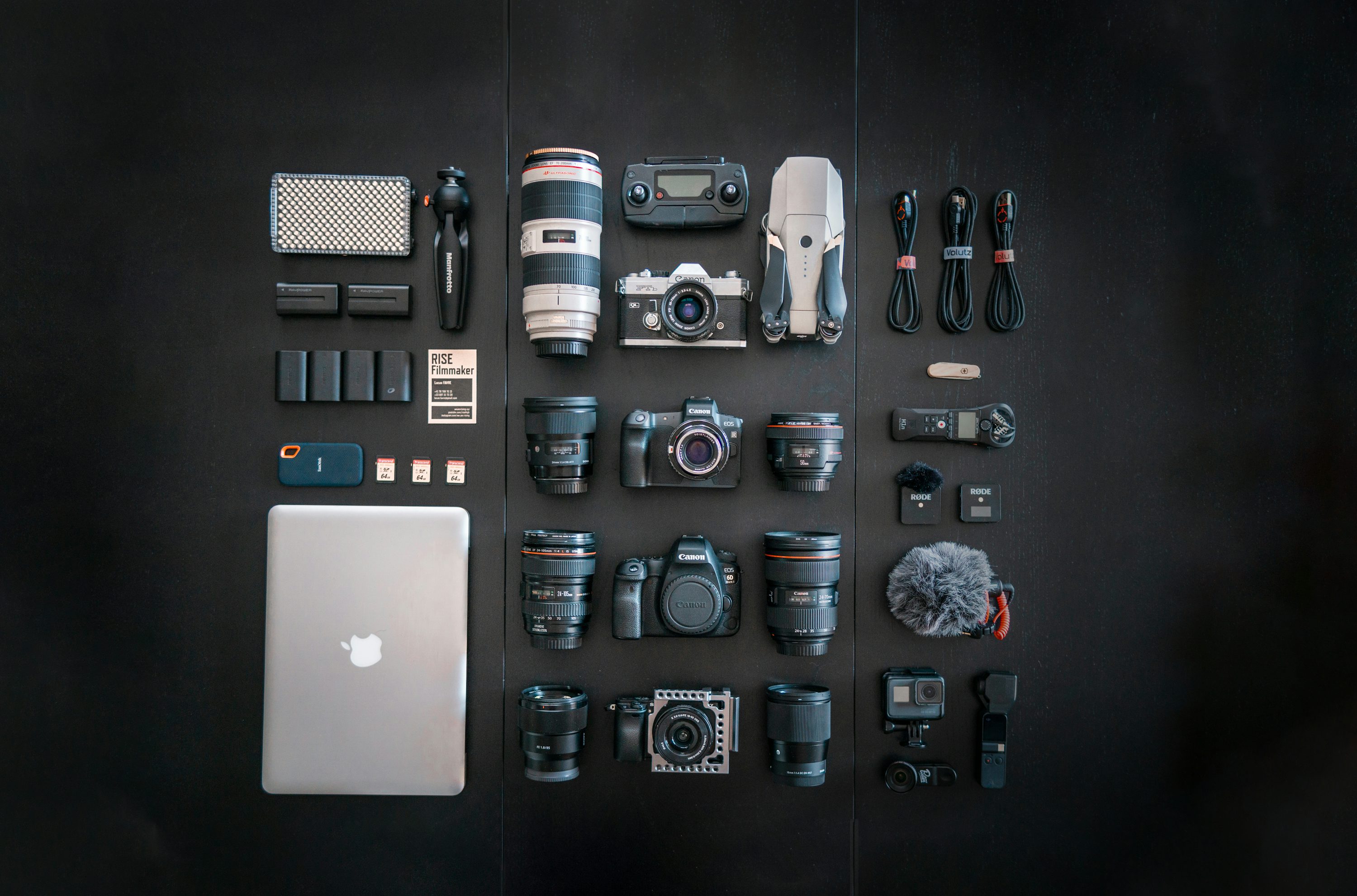 Professional camera gear flat lay
