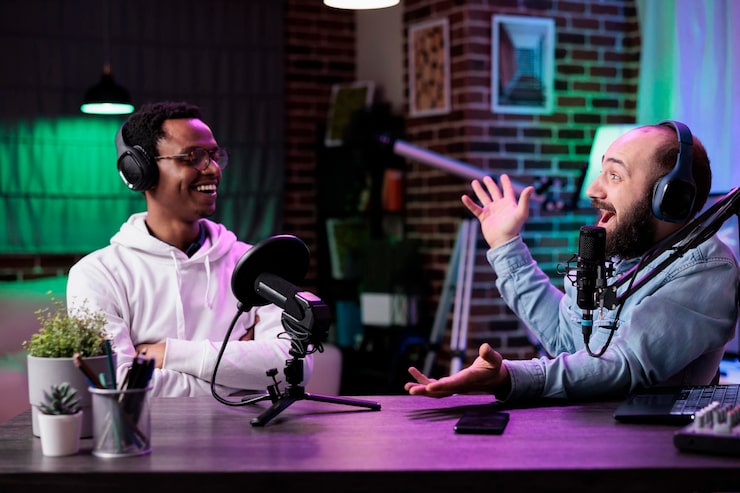 Podcast hosts recording