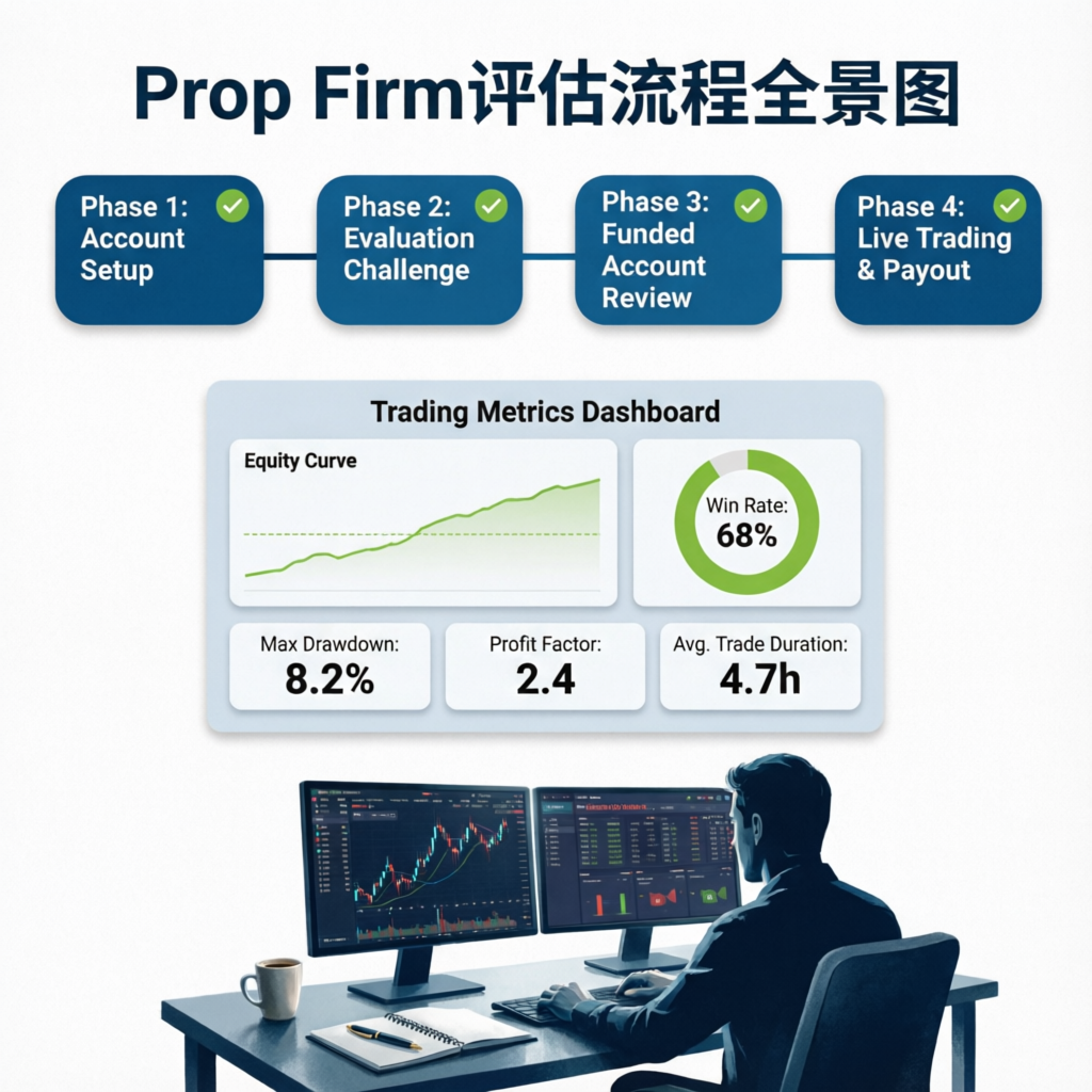 Prop Firm evaluation process infographic showing phases and trading metrics — Think Capital evaluation guide