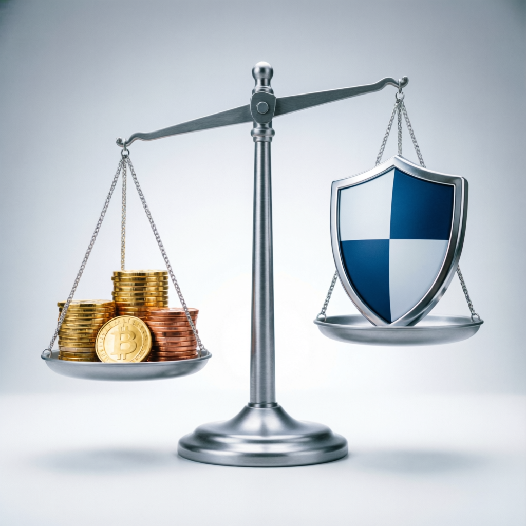 Risk management concept — balance scale with coins and shield — forex account management