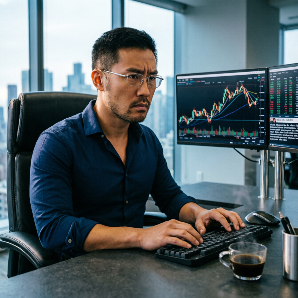 Professional forex trader analyzing charts on dual monitors — prop firm evaluation process
