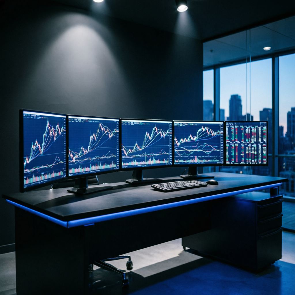 Professional trading desk with multiple monitors showing forex charts — PFM Capitals prop firm services