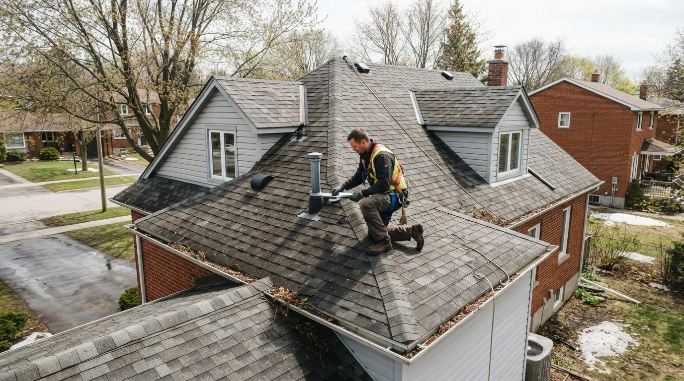 Professional roofer kneeling on a residential roof completing an inspection report