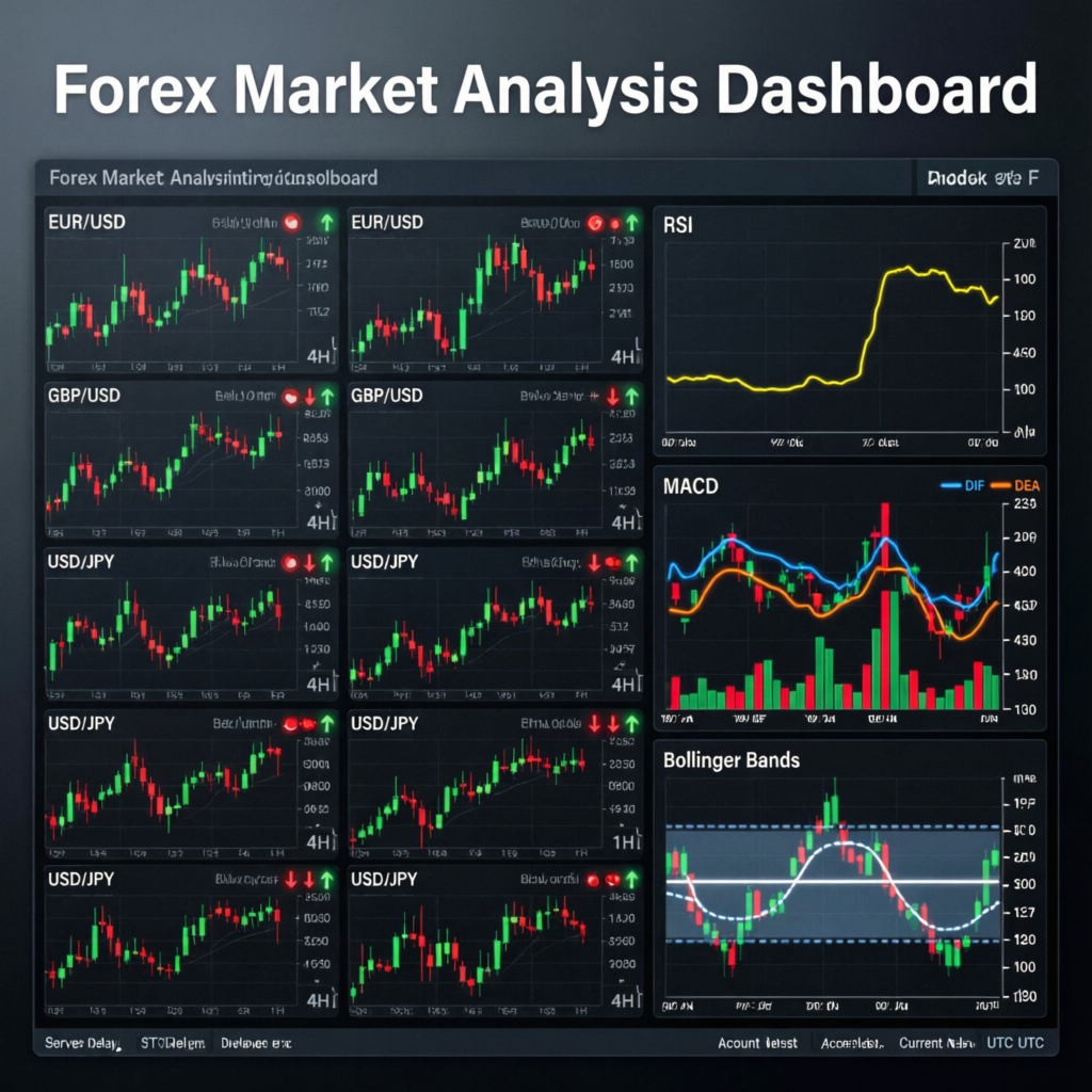 Forex market analysis dashboard showing multiple currency pairs with technical indicators