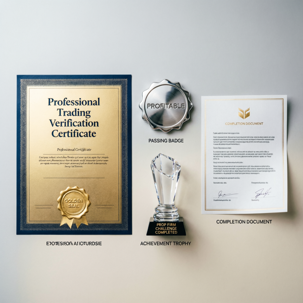 Professional trading verification certificates, passing badges, and achievement trophies