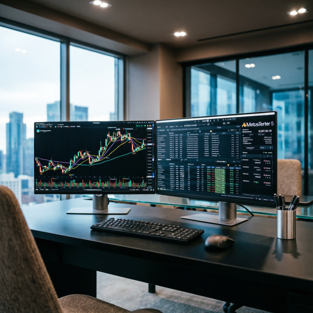 Professional prop trading desk setup with multiple monitors showing forex charts and trading platforms