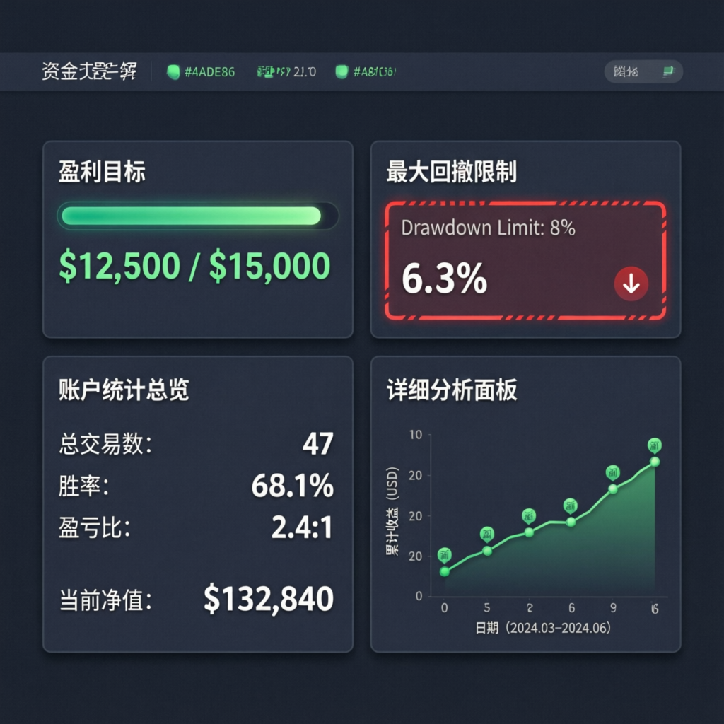 Funded trading account dashboard showing profit targets, drawdown limits, and account statistics