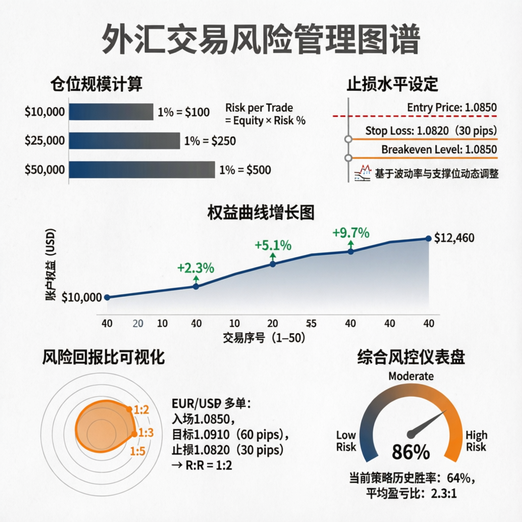 Risk management chart showing position sizing, stop loss levels, equity curve growth, and risk reward ratio visualization