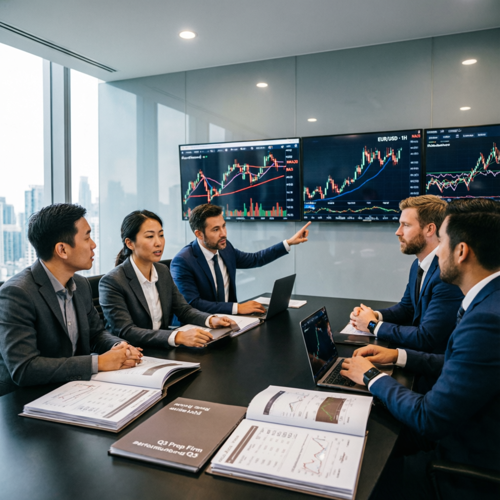 Professional financial team discussing prop firm trading strategies with multiple screens showing forex charts