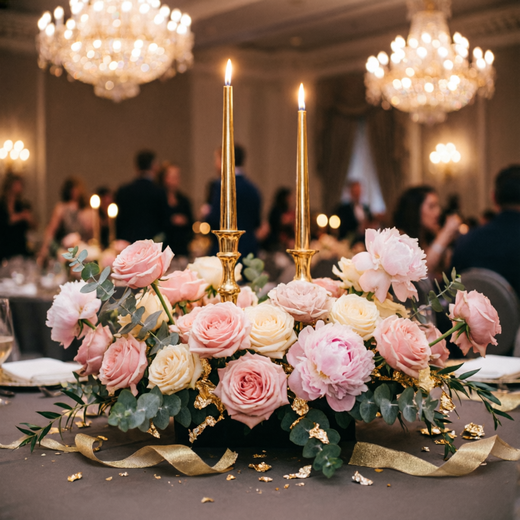 Ballroom centerpiece with tall gold candlesticks and blush florals