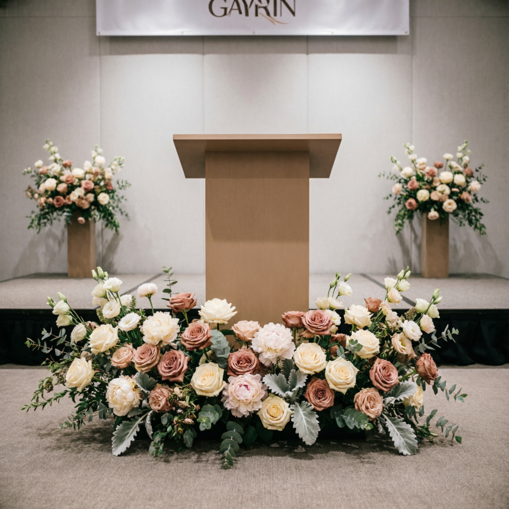 Conference stage with low floral arrangements