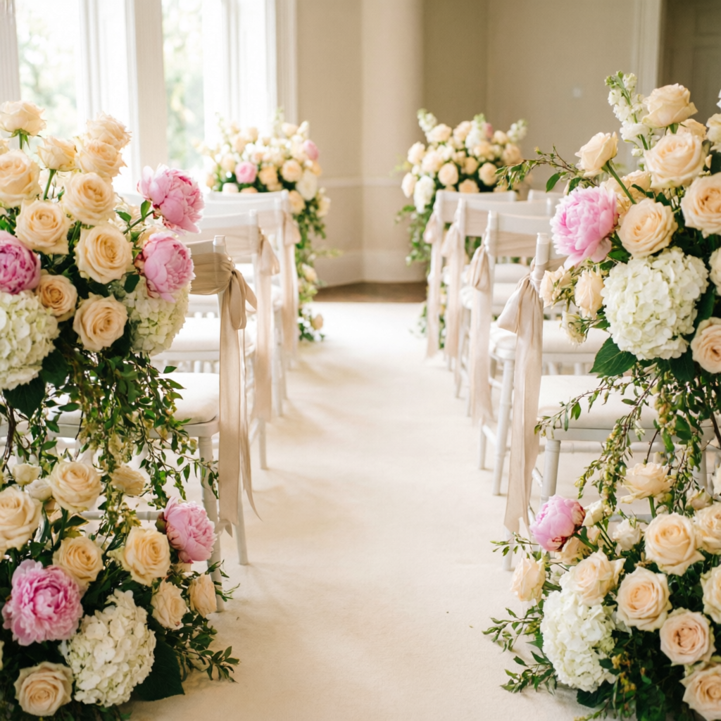 Wedding ceremony aisle lined with lush florals
