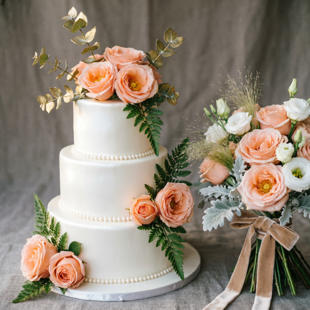 Wedding cake with peach roses beside a bridal bouquet