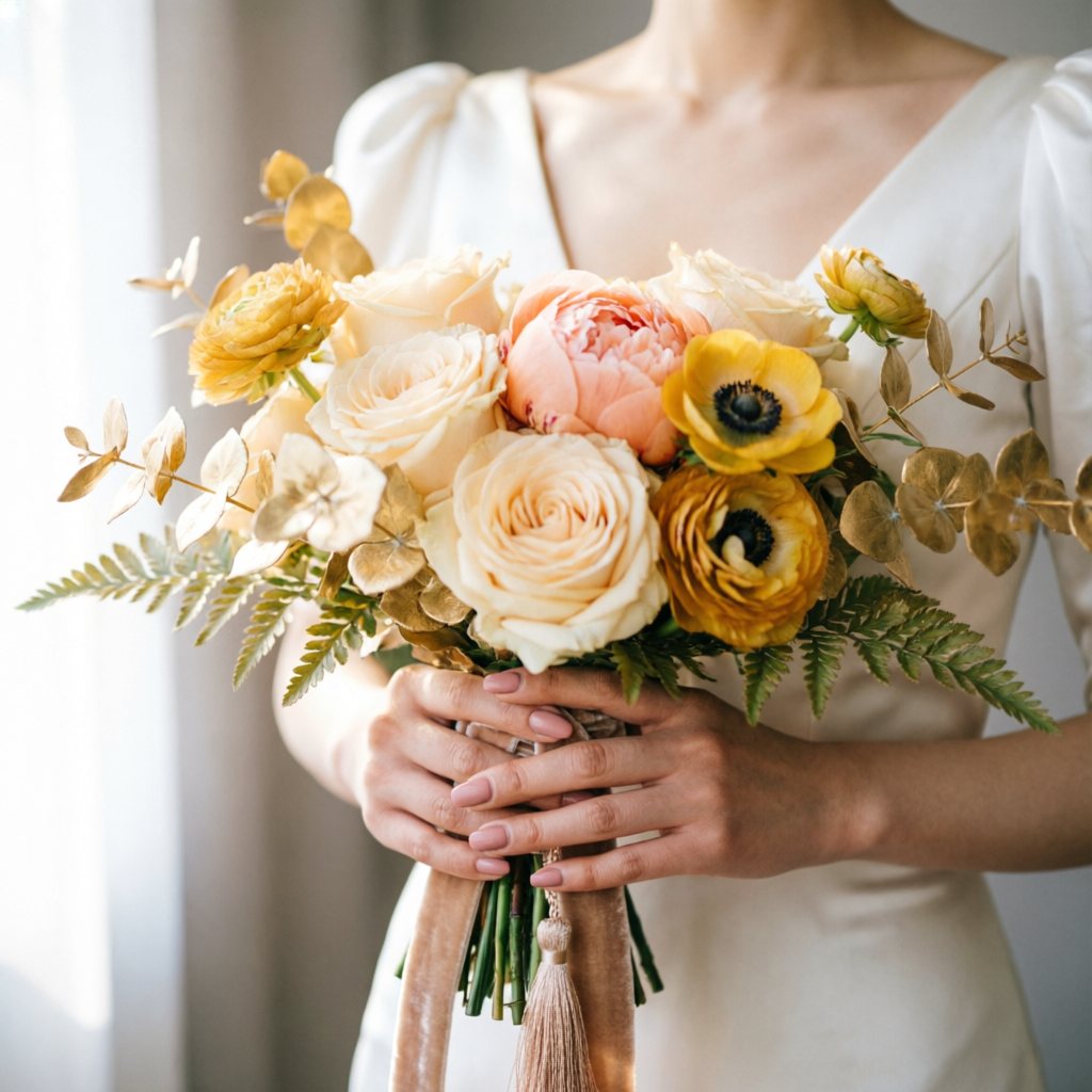 Bride holding a cascading bouquet with gold foliage