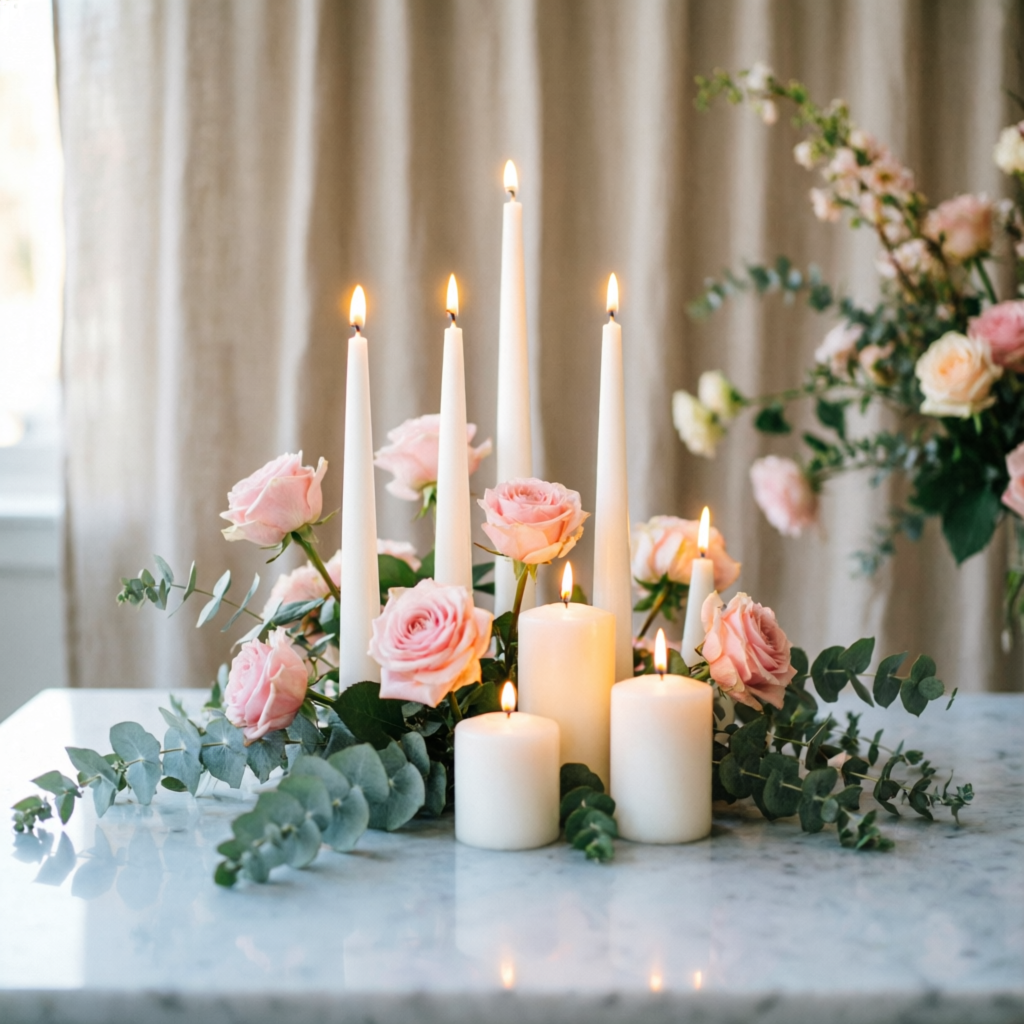 Ivory candles glowing among blush roses and eucalyptus