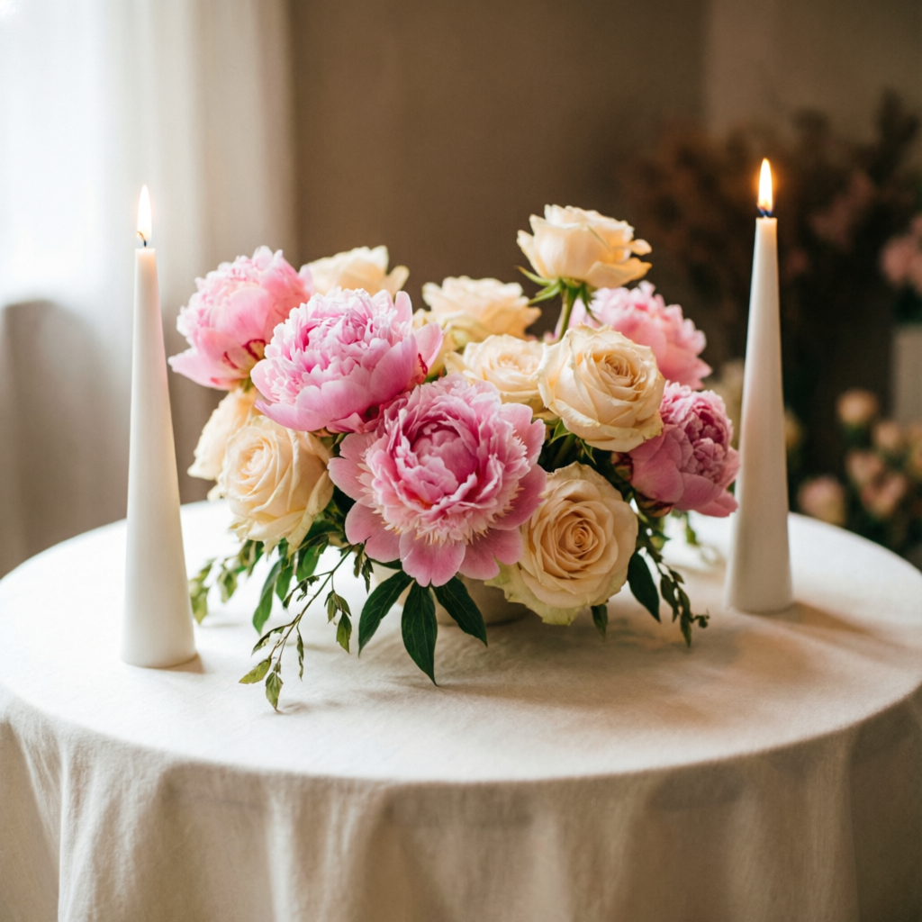 Small event table with blush peony centerpiece and taper candles