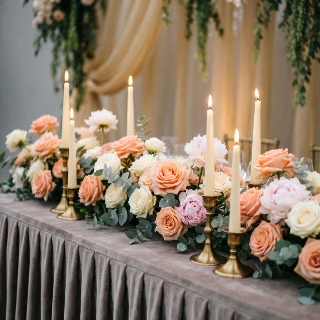 Head table with floral runner and taper candles