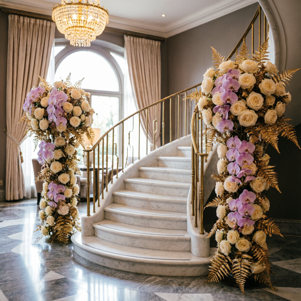Tall floral columns flanking a marble staircase