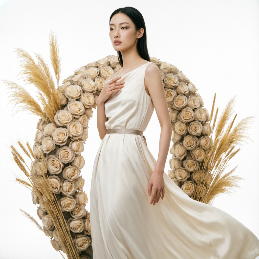 Model in ivory gown beside a rose-ring installation