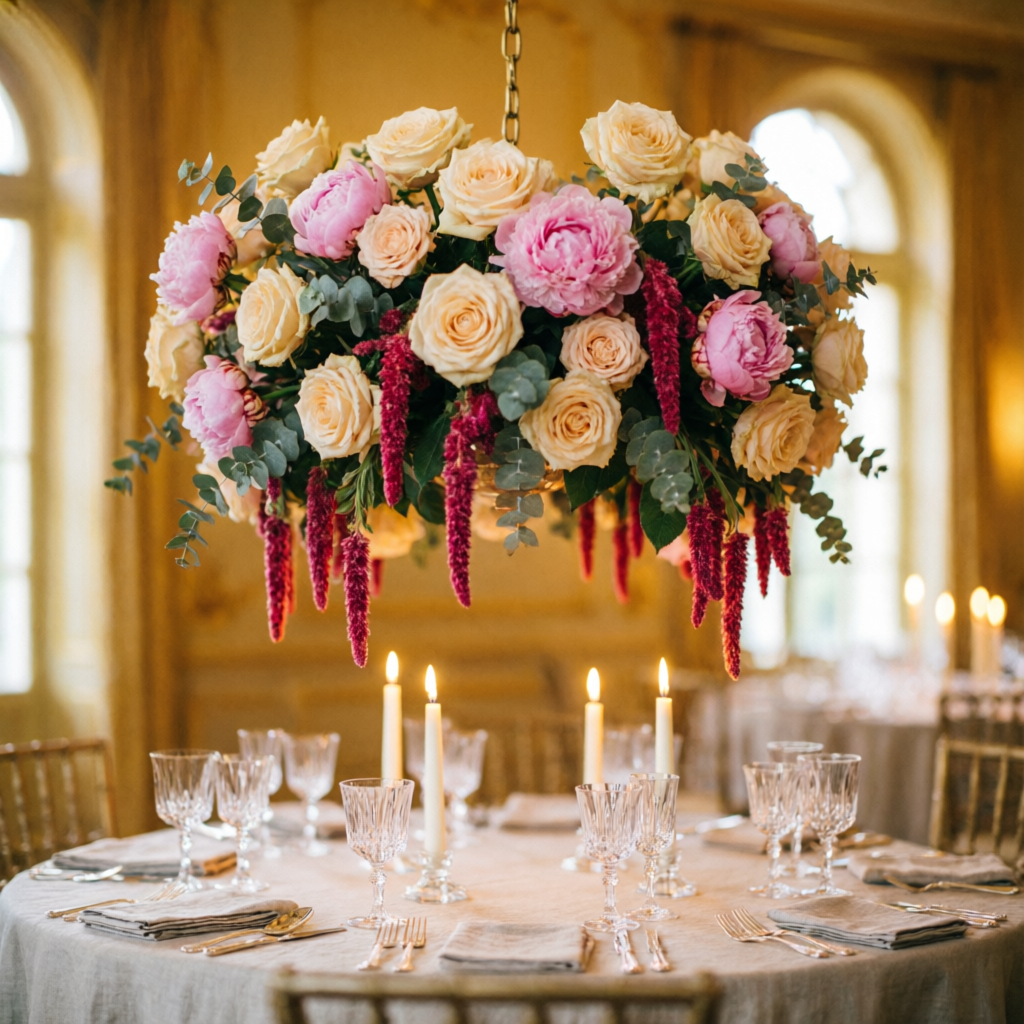 Hanging floral chandelier above a candlelit dinner table