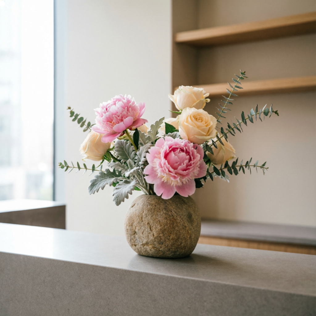 Reception desk arrangement of pink peonies and cream roses