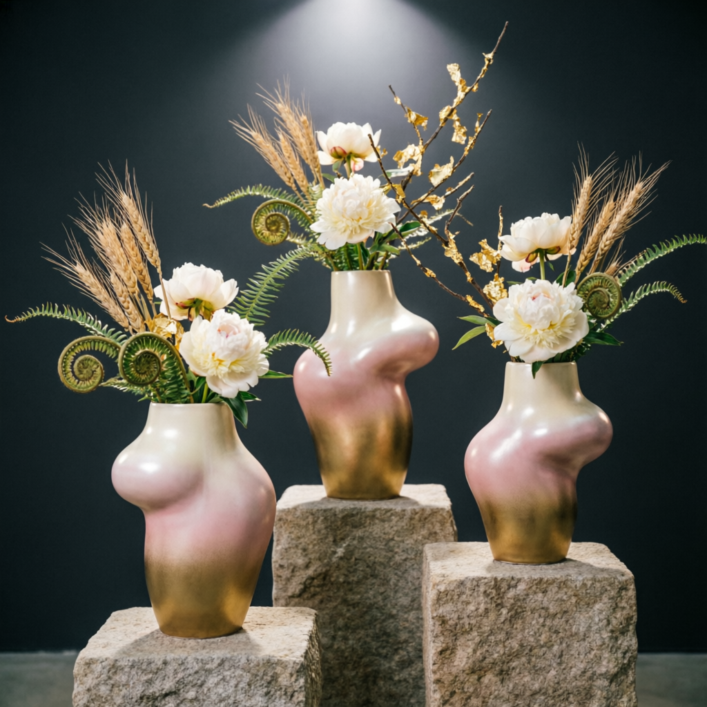 Sculptural ceramic vases with avant-garde florals on stone pedestals