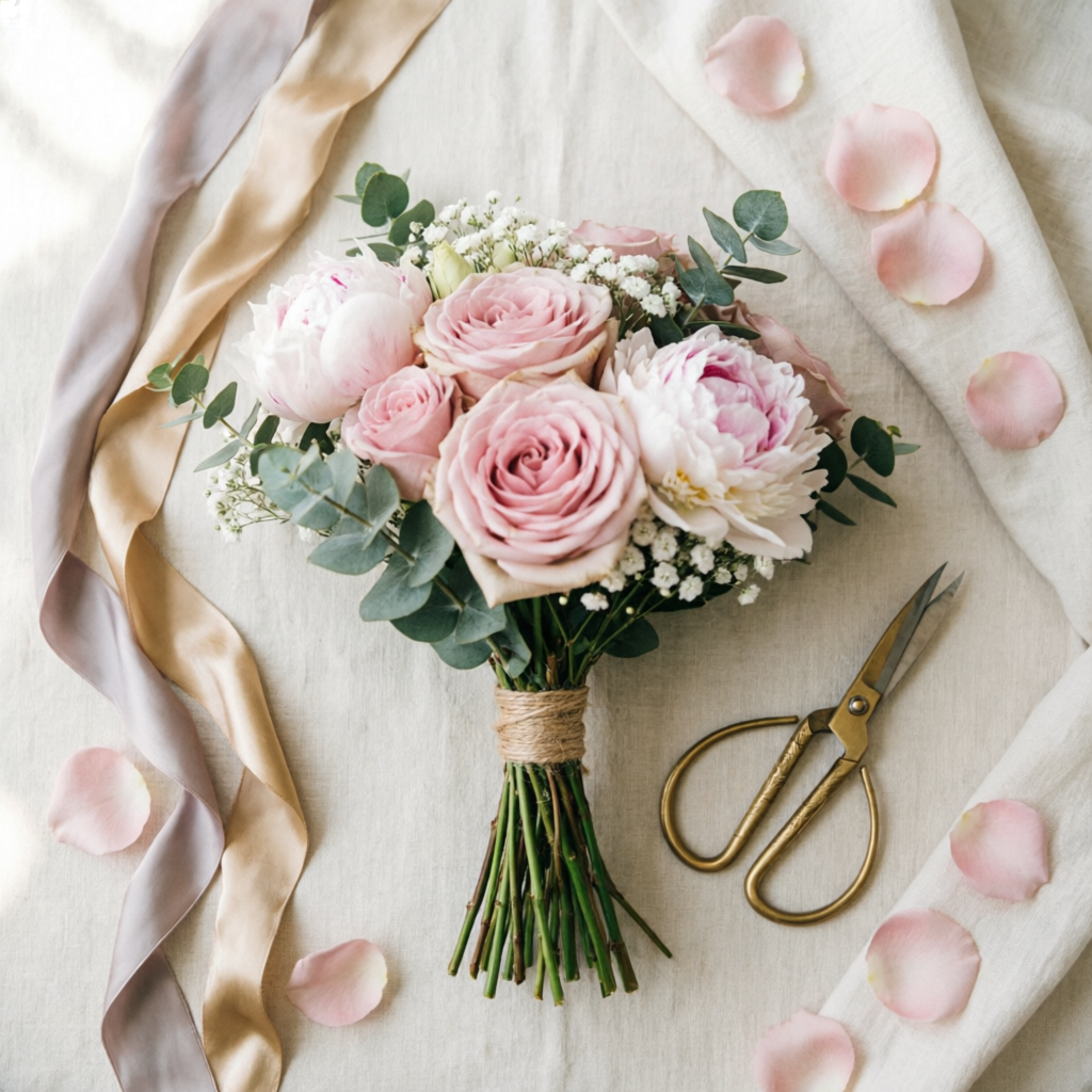 Flat lay of a blush bouquet with ribbons and brass scissors