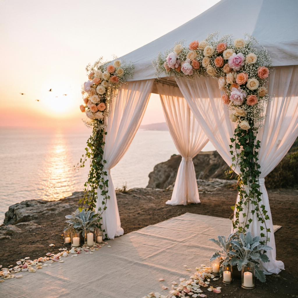 Ocean-view chuppah draped in cream and blush flowers at sunset