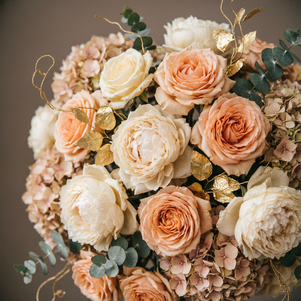 Close-up of a gilded bouquet with peach roses and gold leaves