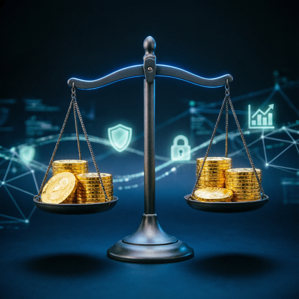 Risk management balance scale with gold coins