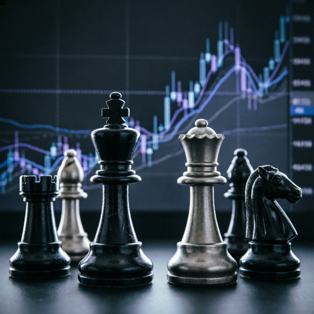 Strategic trading planning with chess pieces and chart background